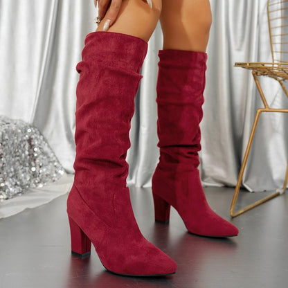 Fiorelle Women’s Suede ChunkyEdge Knee-High Boots – Pointed Toe Chunky Heel Tall Boots (US 4–10.5)