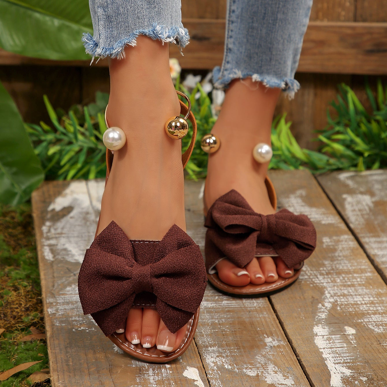 Fiorelle Women’s Serelle Pearl Bow Flat Slides – Minimalist Ankle Strap Casual Sandals (US 5–10.5)