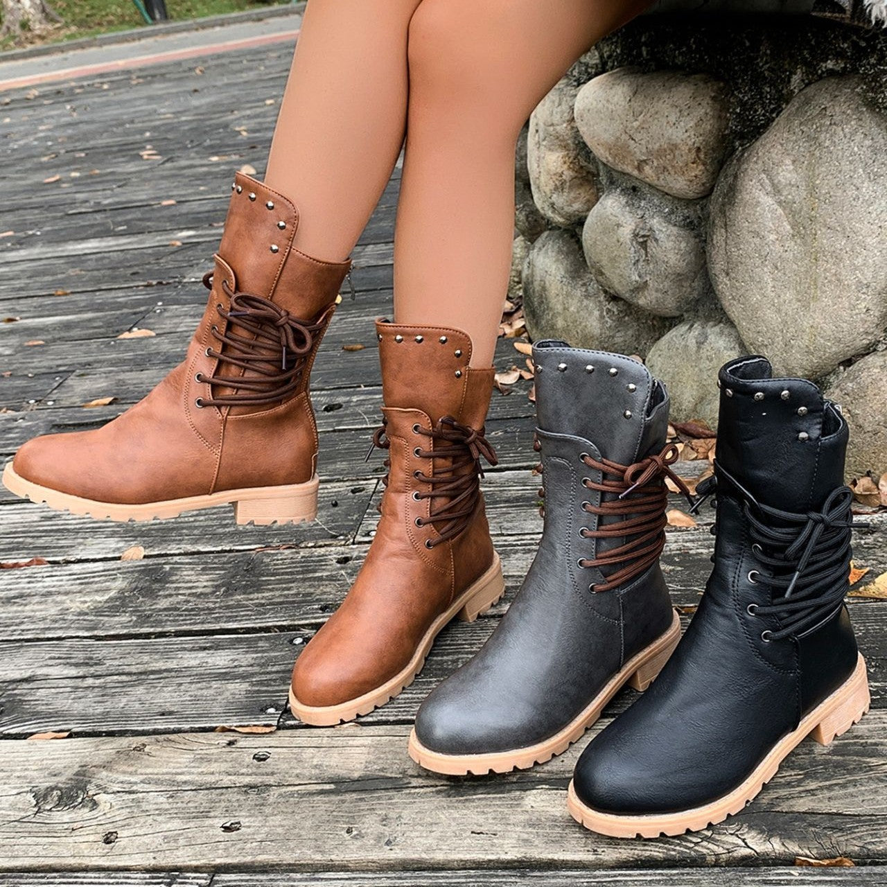 Fiorelle Women's Rivet Roma Boots - Side Lace Chunky Heel Mid Calf Boots (US 4-10.5)