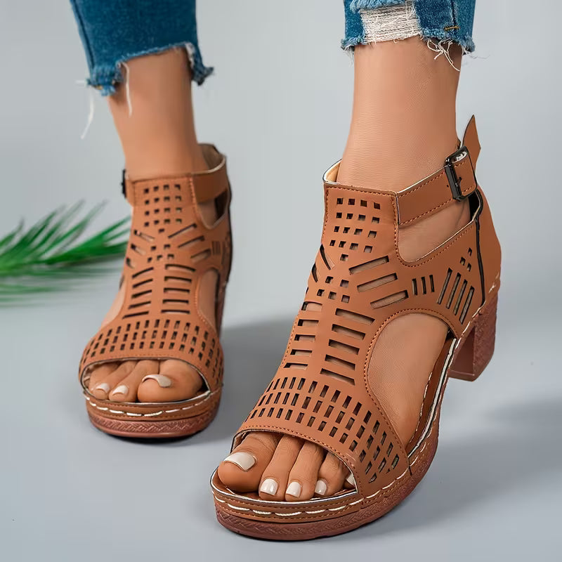 Fiorelle Women’s Cove Buckle Peep-Toe Heels – Cutout Chunky High Heel Sandals (US 5–10.5)