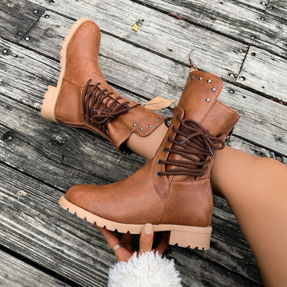 Fiorelle Women's Rivet Roma Boots - Side Lace Chunky Heel Mid Calf Boots (US 4-10.5)