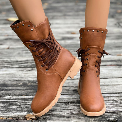 Fiorelle Women's Rivet Roma Boots - Side Lace Chunky Heel Mid Calf Boots (US 4-10.5)