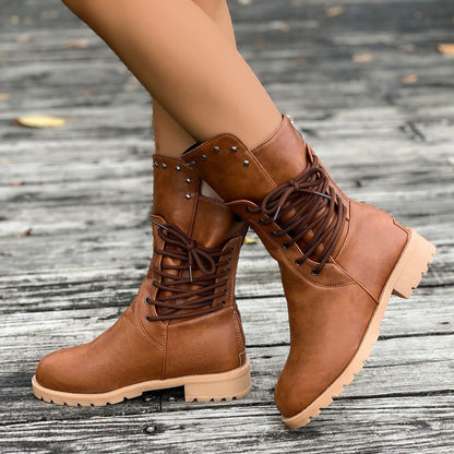 Fiorelle Women's Rivet Roma Boots - Side Lace Chunky Heel Mid Calf Boots (US 4-10.5)
