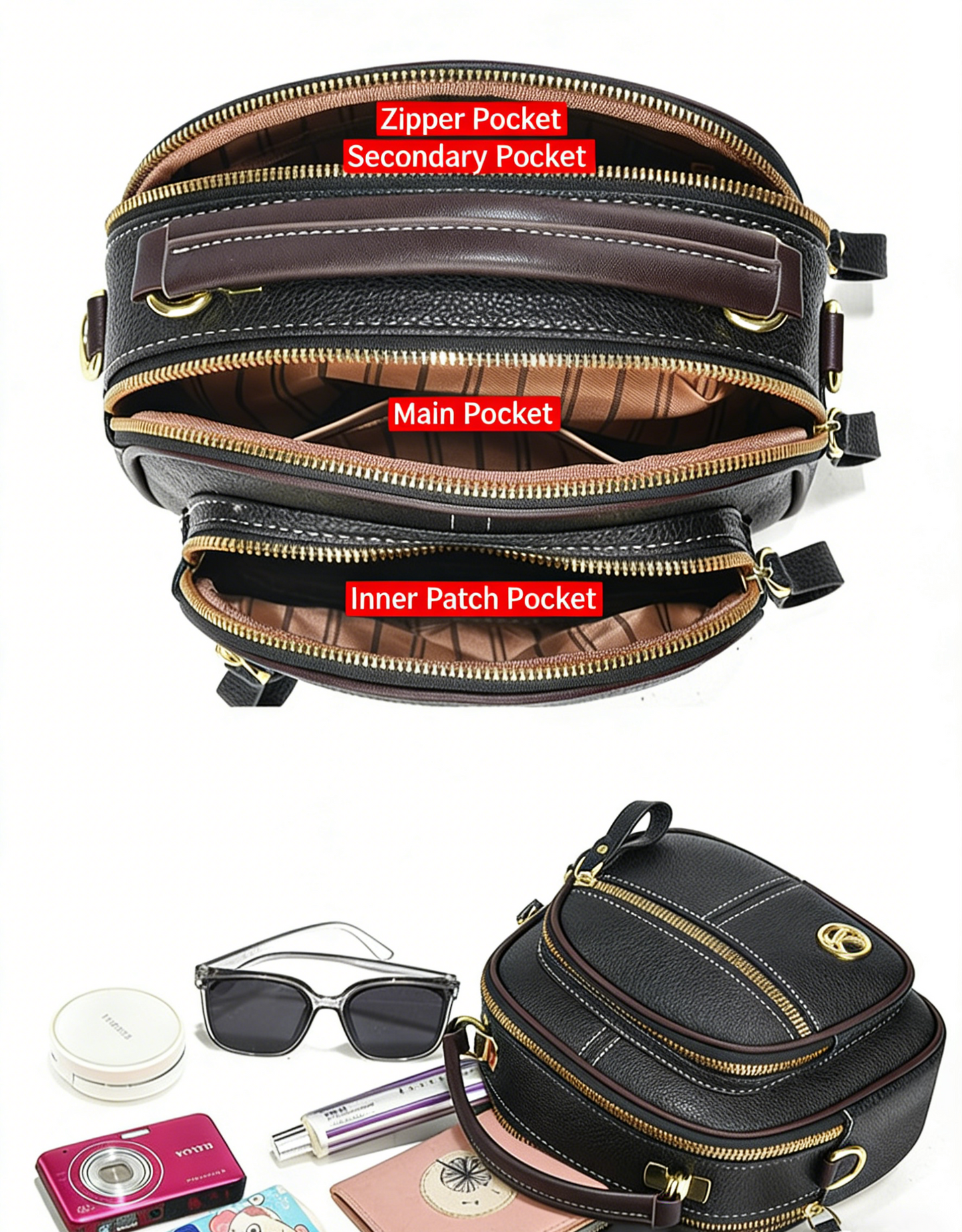 Fiorelle Women's Multi-Zip Compact Satchel — Premium Convertible Shoulder & Crossbody Bag with Curated Organization & Elevated Everyday Style