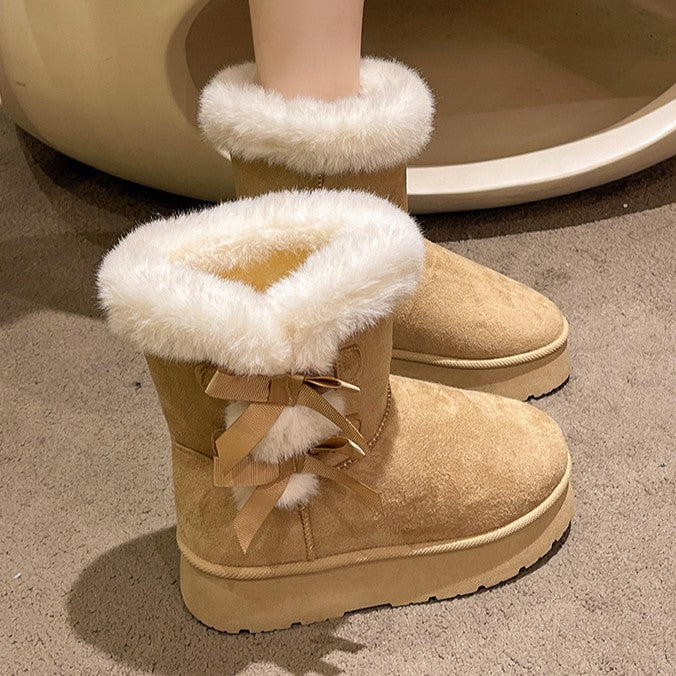 Fiorelle Women's Bow-Knit Cozy Winter Boots - Shearling Lined Chunky Platform Snow Boots (US 5-9.5)