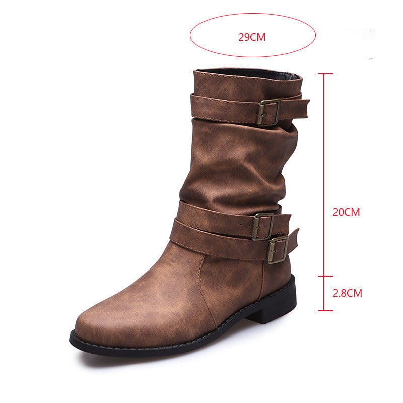 Fiorelle Women's Matte PU Buckle-Detailed Slouch Boots - Crushed Texture Stacked Mid-Calf Flat Boots (US 5-10.5)