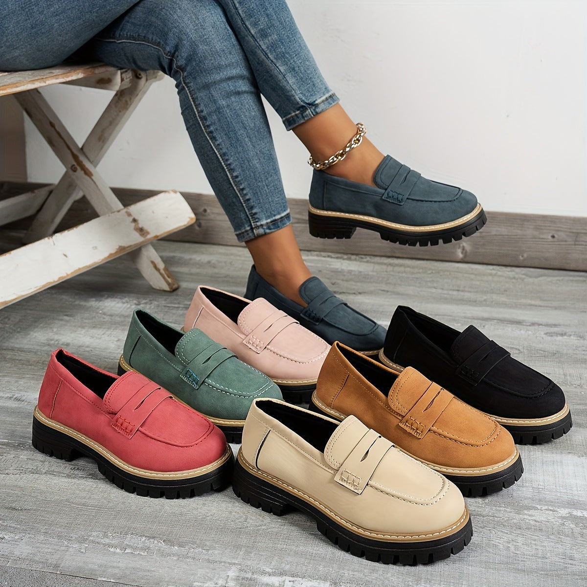 Fiorelle Women's Plus Size Casual Retro Suede Loafers with Chunky Heel Platform