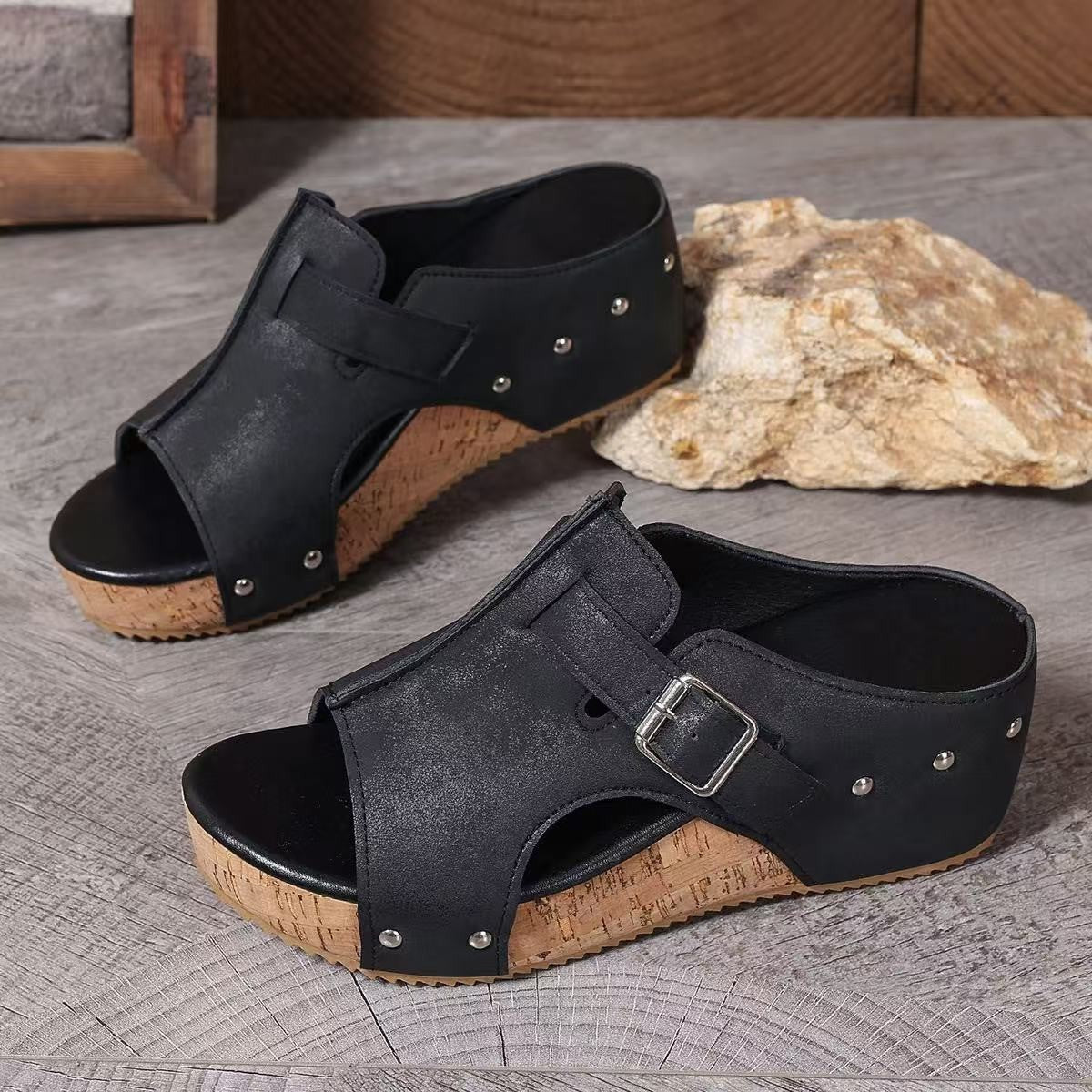 Fiorelle Women’s RetroBay Buckle Peep-Toe Wedge Sandals – Rivet-Detail Platform Beach Shoes (US 5–10.5)