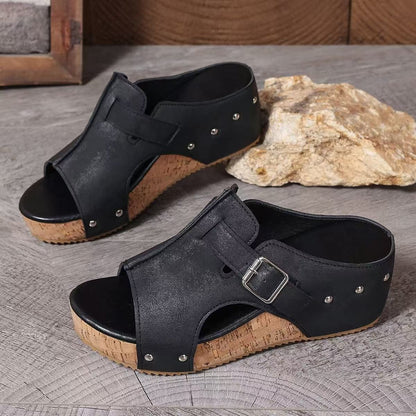 Fiorelle Women’s RetroBay Buckle Peep-Toe Wedge Sandals – Rivet-Detail Platform Beach Shoes (US 5–10.5)
