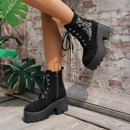Fiorelle Women's Elfin Platform Ankle Boots - Embroidered Chunky Heel  Fall Winter Short Boots (US 4-10)