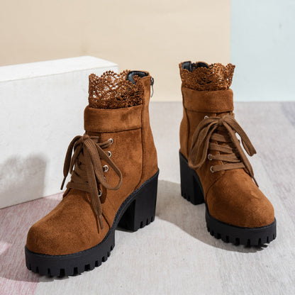 Fiorelle Women's Lace & Suede Heeled Boots - Chunky Heel Round Toe Vintage Ankle Boots (US 5-10.5)