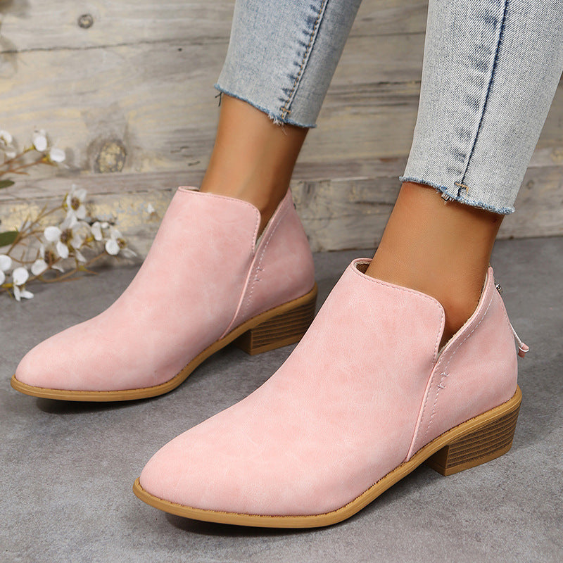 Fiorelle Plus Size Women's British-Inspired Solid-Color Pointed Toe Casual Fashion Boots with Rear Zipper & Low Chunky Hee