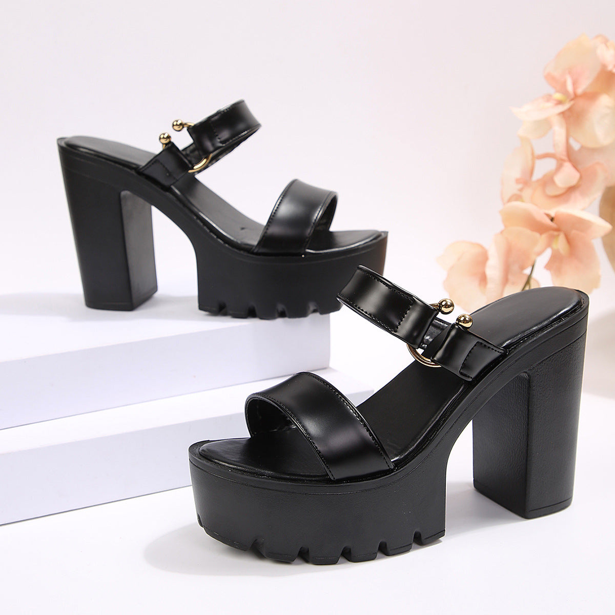 Fiorelle Women's Aveline One-Band Ultra-High Chunky Platform Slide Sandals – Elastic Back Strap Slip-On Heels (US 4–10.5)