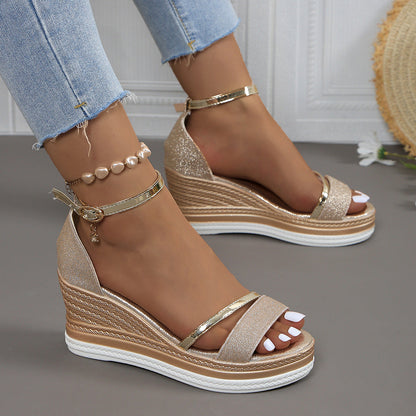 Fiorelle Women's Plus Size Rhinestone Platform Sandals – Peep-Toe Wedge Heel with Adjustable Ankle Strap, Chunky Beach Wedding Shoes