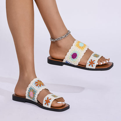 Fiorelle Women’s SunBloom Knit Flat Slides – Square-Toe Boho Embroidered Sandals (US 5–10)