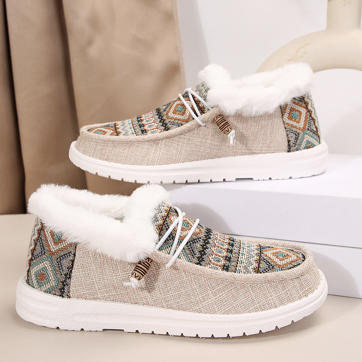 Fiorelle Women's Folklore Plush Flat Boots - Ethnic Print Lace-Up Winter Snow Shoes with Cozy Fleece Lining- US(5-10.5)