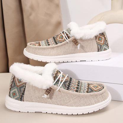 Fiorelle Women's Folklore Plush Flat Boots - Ethnic Print Lace-Up Winter Snow Shoes with Cozy Fleece Lining- US(5-10.5)