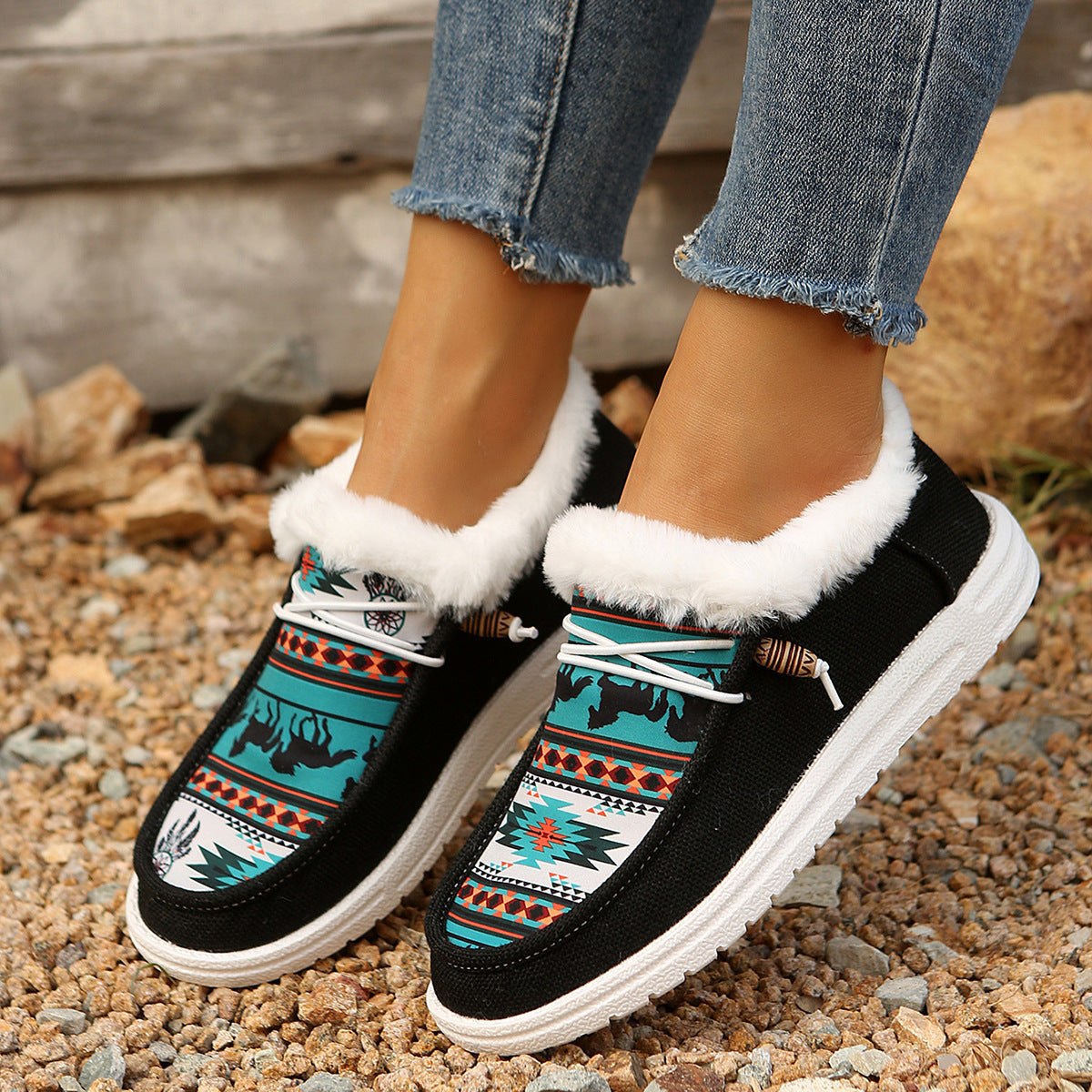 Fiorelle Women's Folklore Plush Flat Boots - Ethnic Print Lace-Up Winter Snow Shoes with Cozy Fleece Lining- US(5-10.5)