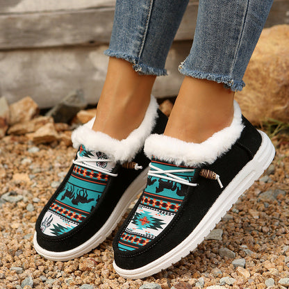 Fiorelle Women's Folklore Plush Flat Boots - Ethnic Print Lace-Up Winter Snow Shoes with Cozy Fleece Lining- US(5-10.5)