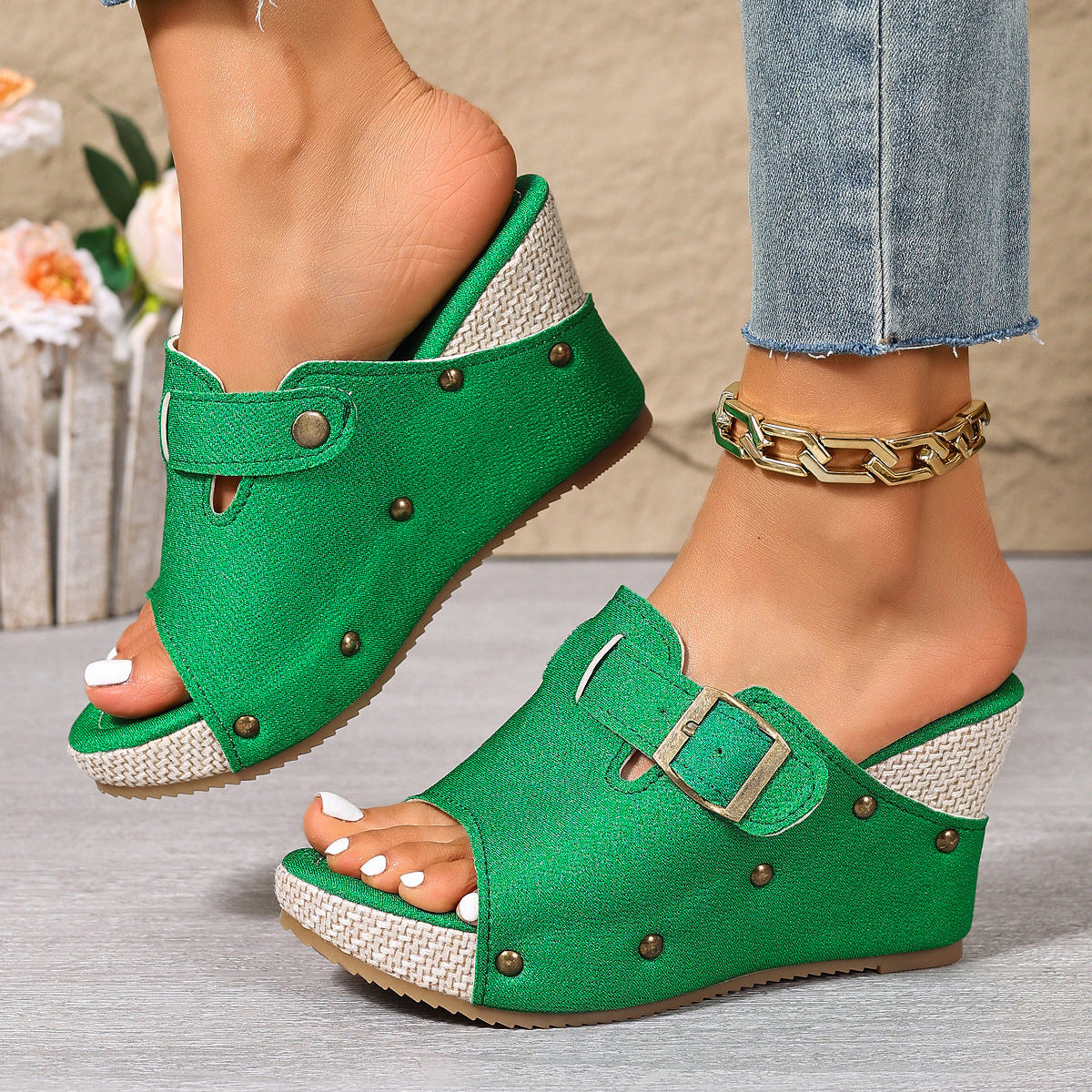Fiorelle Women’s Sable Rivet Velcro Platform Wedge Sandals – Chunky Studded Slides with Adjustable Strap (US 4–10.5)
