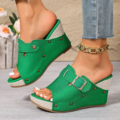 Fiorelle Women’s Sable Rivet Velcro Platform Wedge Sandals – Chunky Studded Slides with Adjustable Strap (US 4–10.5)