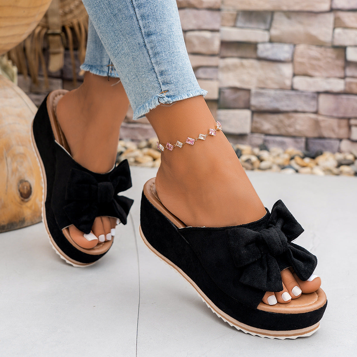 Fiorelle Women’s Sorelle Leopard Print Bow Platform Wedge Slides – Stable Chunky Heel Casual Summer Sandals (US 5–10)