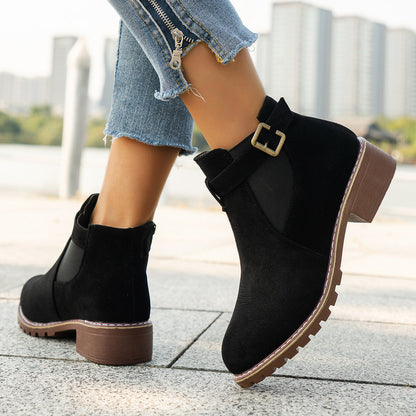 Fiorelle Women's Plus Size Suede Platform Martin Ankle Boots with Belt Buckle Details