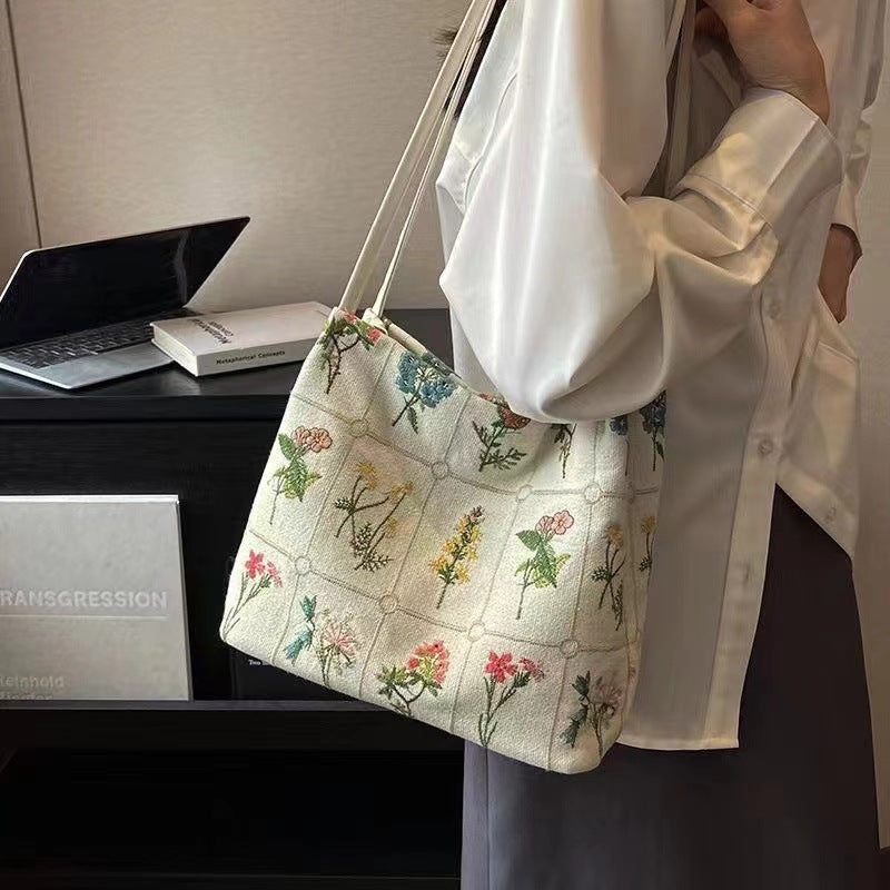 Fiorelle Women's Atelier Bloom Bucket — Artisan-Embroidered Canvas Commuter Tote with Structured Base & Dual Carry