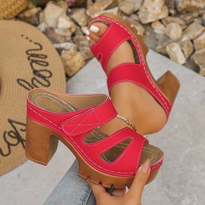 Fiorelle Women’s Alviera Cutout Block Heel Slide Sandals – Peep Toe Velcro Comfort Mules (US 4–10.5)