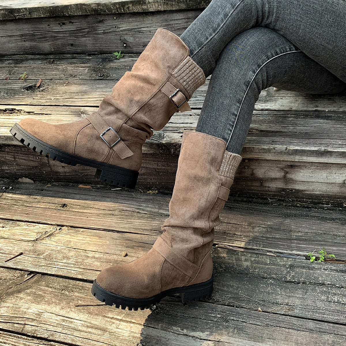 Fiorelle Women’s RanchWrap Buckle Mid-Calf Suede Boots – Knit Cuff Western-Style Slouchy Shoes (US 5–10.5)