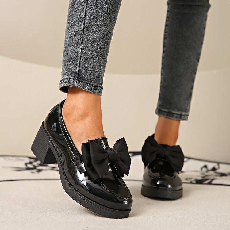 Fiorelle Women's Plus Size Bowknot Leather Shoes with Chunky Heel Platform