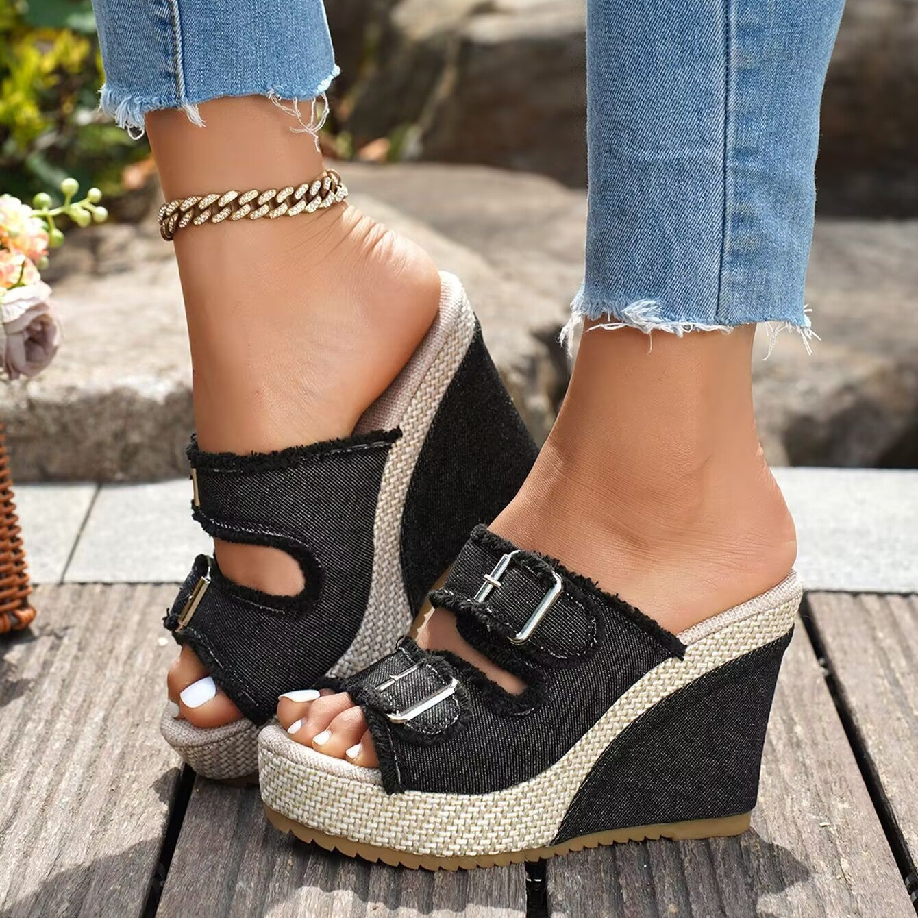 Fiorelle Women’s Denira Denim Peep-Toe Wedge Slide Sandals – Buckle Strap Platform Chic Summer Slides (US 5–10.5)