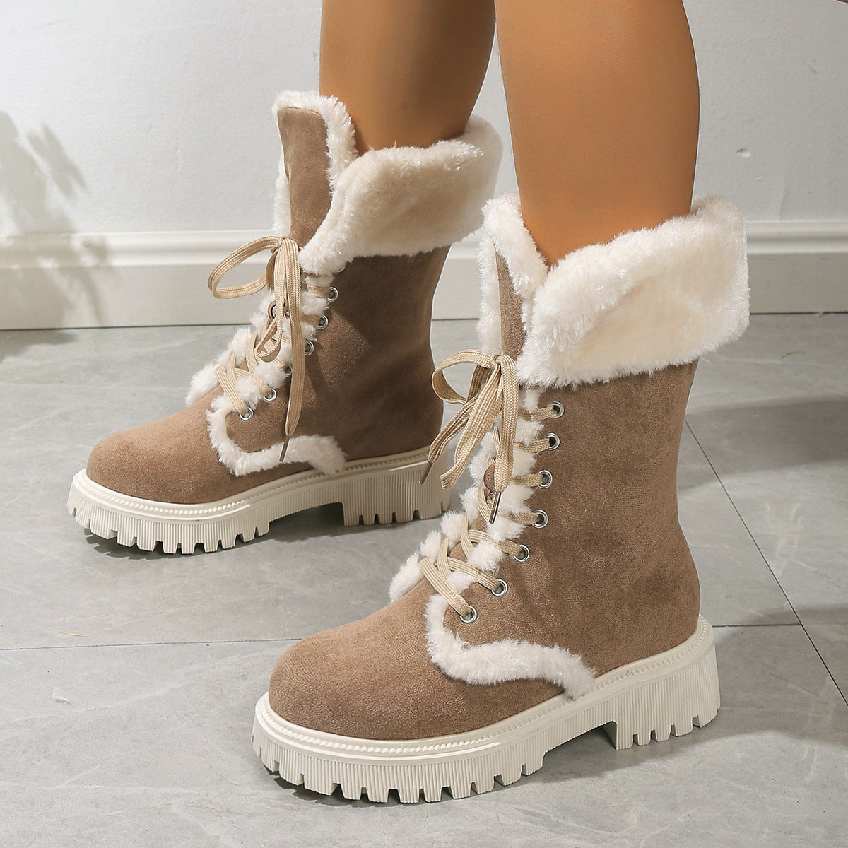 Fiorelle Winter New Women's Velvet Mid-Tube Cotton Boots with Thickened Lining and Height-Enhancing Design