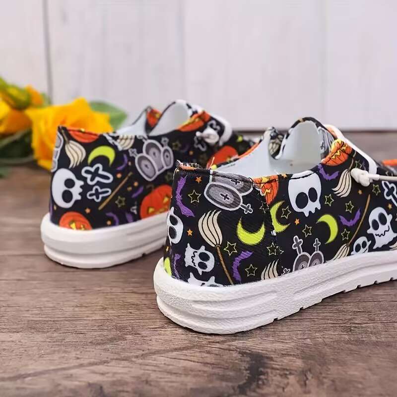 Fiorelle Women‘s Spooky Chic Canvas Sneakers - Halloween Pumpkin Skeleton Print Casual Shoes- US(5-9)