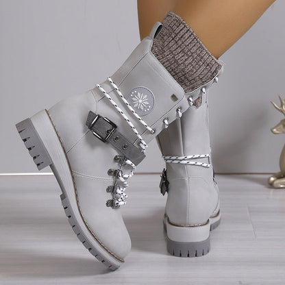 Fiorelle Women's Nordic Knit Combat Boot - High-Shaft Thermal Cotton Lined Snow Boots with Block Heel & Leather Accents Design (US 5-10.5)