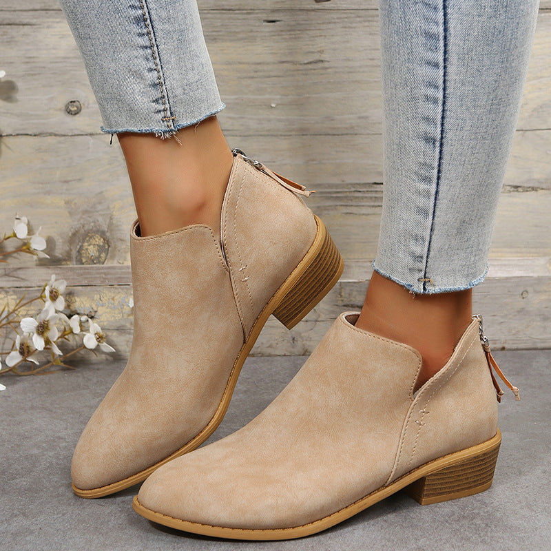 Fiorelle Plus Size Women's British-Inspired Solid-Color Pointed Toe Casual Fashion Boots with Rear Zipper & Low Chunky Hee