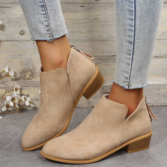 Fiorelle Plus Size Women's British-Inspired Solid-Color Pointed Toe Casual Fashion Boots with Rear Zipper & Low Chunky Hee