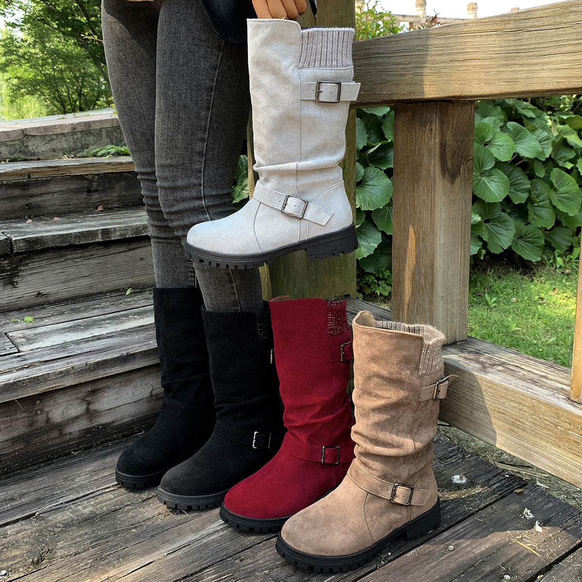 Fiorelle Women’s RanchWrap Buckle Mid-Calf Suede Boots – Knit Cuff Western-Style Slouchy Shoes (US 5–10.5)