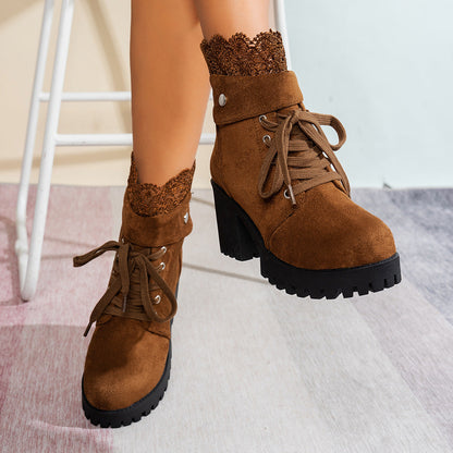 Fiorelle Women's Lace & Suede Heeled Boots - Chunky Heel Round Toe Vintage Ankle Boots (US 5-10.5)