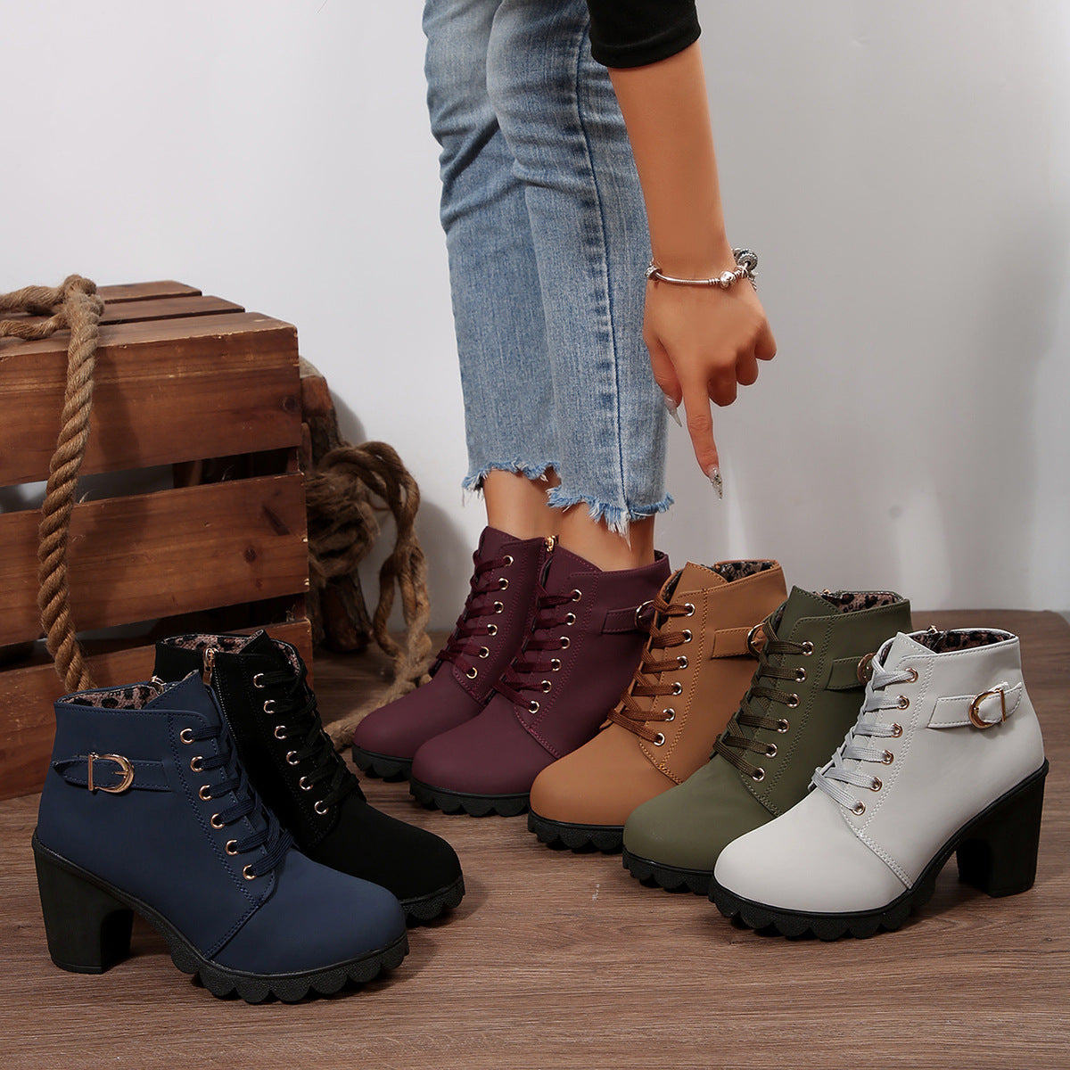 Fiorelle Women's Buckle Decorated Chunky Heel Ankle Boots - Side Zipper & Lace-Up Round Toe Mid-Calf Equestrian Boots (US 4-10)