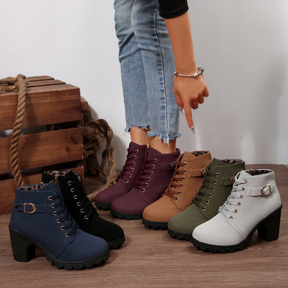 Fiorelle Women's Buckle Decorated Chunky Heel Ankle Boots - Side Zipper & Lace-Up Round Toe Mid-Calf Equestrian Boots (US 4-10)
