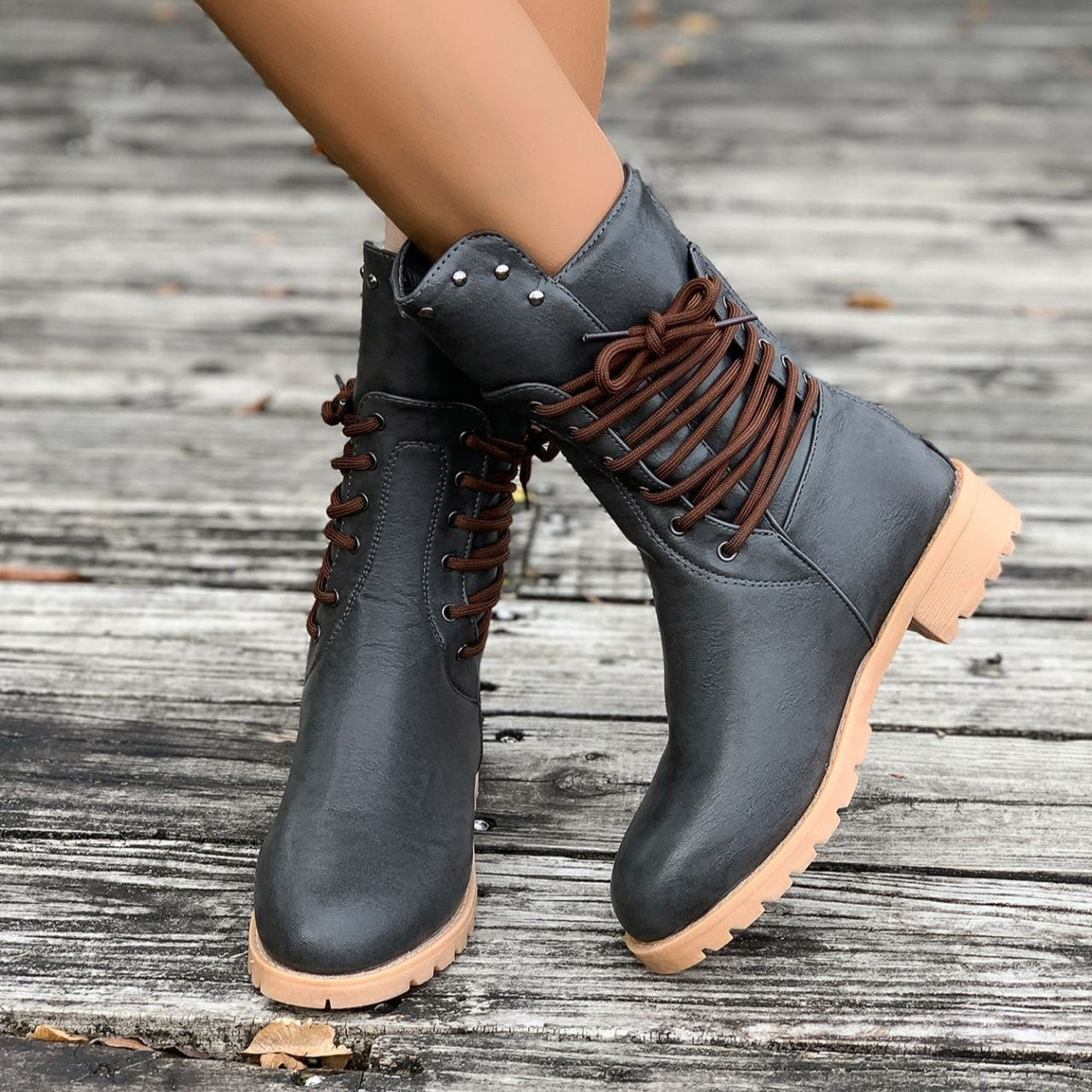 Fiorelle Women's Rivet Roma Boots - Side Lace Chunky Heel Mid Calf Boots (US 4-10.5)