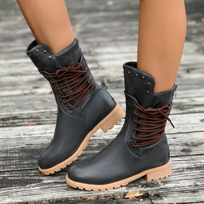 Fiorelle Women's Rivet Roma Boots - Side Lace Chunky Heel Mid Calf Boots (US 4-10.5)