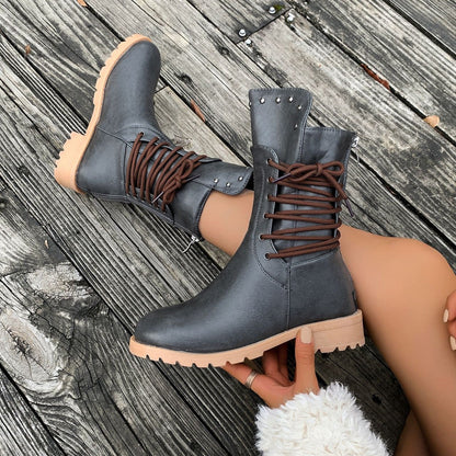 Fiorelle Women's Rivet Roma Boots - Side Lace Chunky Heel Mid Calf Boots (US 4-10.5)