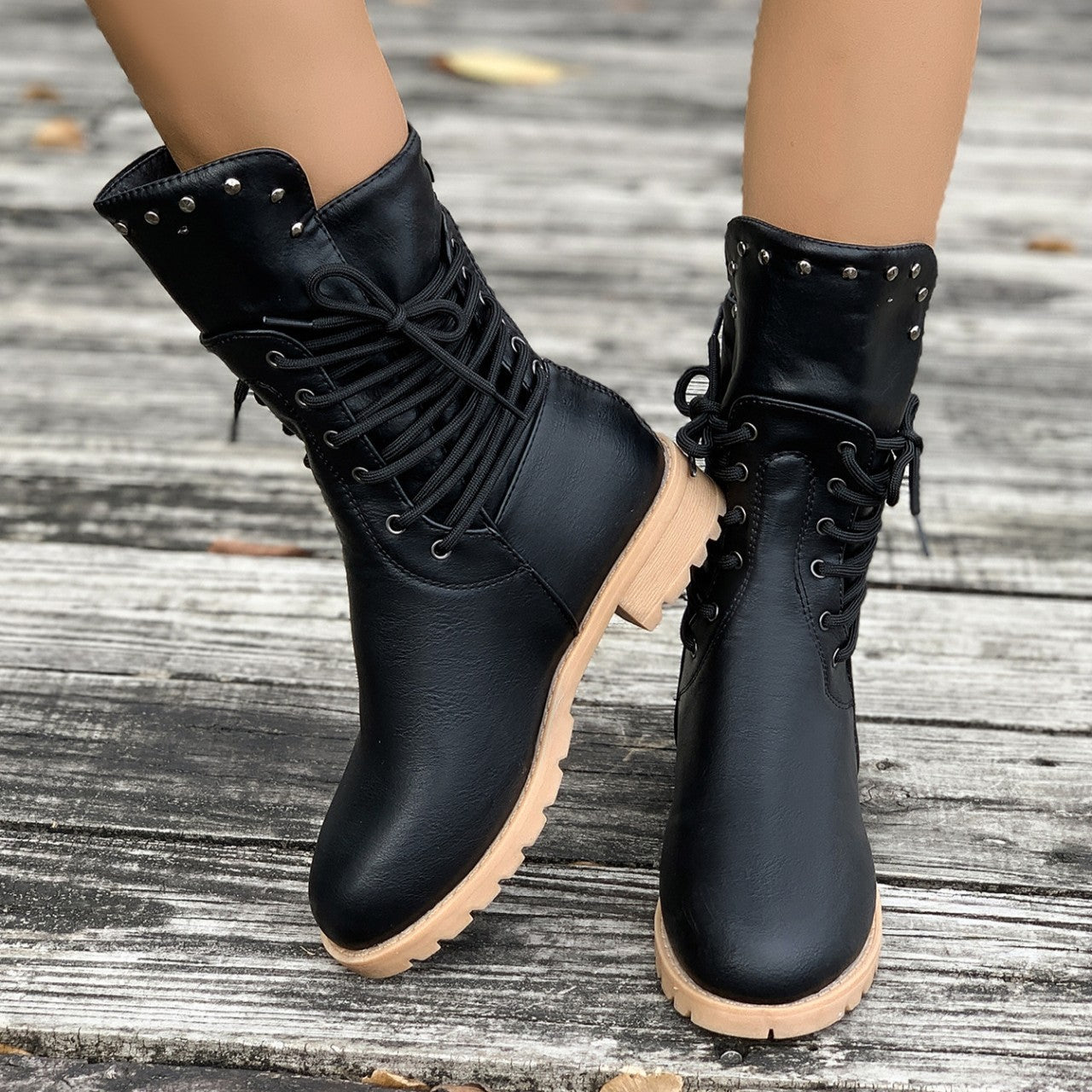 Fiorelle Women's Rivet Roma Boots - Side Lace Chunky Heel Mid Calf Boots (US 4-10.5)