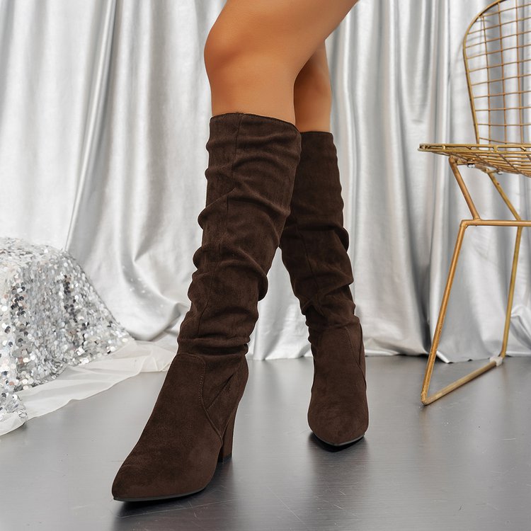 Fiorelle Women’s Suede ChunkyEdge Knee-High Boots – Pointed Toe Chunky Heel Tall Boots (US 4–10.5)