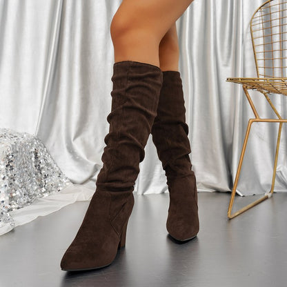 Fiorelle Women’s Suede ChunkyEdge Knee-High Boots – Pointed Toe Chunky Heel Tall Boots (US 4–10.5)