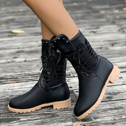 Fiorelle Women's Rivet Roma Boots - Side Lace Chunky Heel Mid Calf Boots (US 4-10.5)