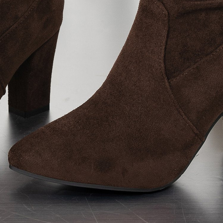 Fiorelle Women’s Suede ChunkyEdge Knee-High Boots – Pointed Toe Chunky Heel Tall Boots (US 4–10.5)