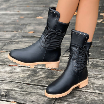 Fiorelle Women's Rivet Roma Boots - Side Lace Chunky Heel Mid Calf Boots (US 4-10.5)